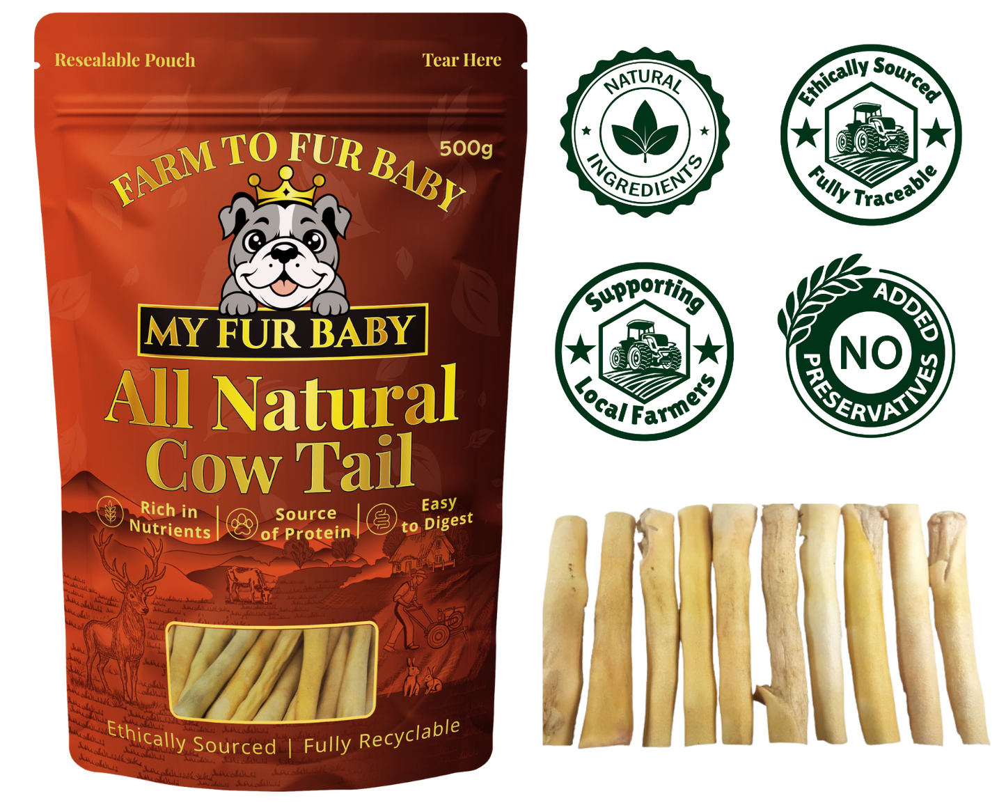 Natural 6 inch Cow Tail – Long-Lasting Beef Chew for Dogs